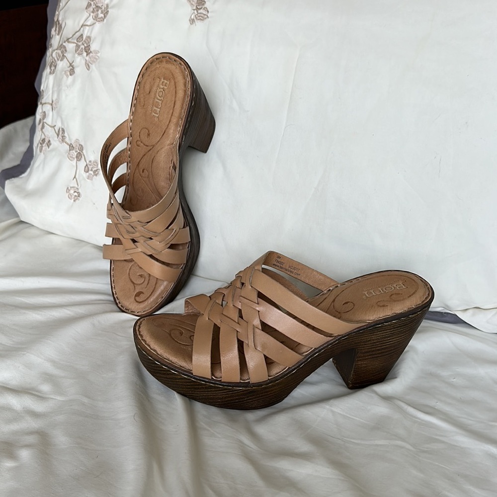 😍 Born Leather Strappy Slip On Sandal Heel, Cream Brown, Women's 9